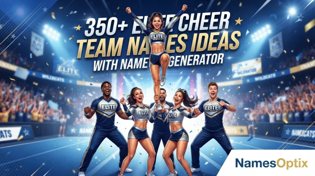 Title: 350+ Elite Cheer Team Names Ideas With Name Generator Create a high-quality blog featured image for the above article in a 16:9 aspect ratio. Design Instructions: Design the image theme, colors, background elements, and visual style according to the article’s topic and content. Make sure the featured image visually represents the main idea, mood, and subject of the article. Add a small 1-inch parallelogram directly attached to the bottom-right corner of the image, with no padding, margin, or spacing from the edges. The parallelogram must touch both the right and bottom edges exactly. Use RGB color (255, 255, 255) for the parallelogram, ensuring it blends cleanly and professionally with the overall design while maintaining a sharp, polished appearance. Use RGB colour (255, 255, 255) for the parallelogram. Position the parallelogram exactly at the corner so it blends neatly and professionally with the overall layout. Inside the parallelogram, add the website name “NamesOptix” in the theme color text. Keep the typography clean, modern, readable, and professionally aligned within the shape. Use high-quality visuals, balanced composition, and attractive styling suitable for a professional blog featured image. Ensure the final design is modern, eye-catching, and optimised for blog and social media sharing. 350+ Elite Cheer Team Names Ideas With Name Generator
