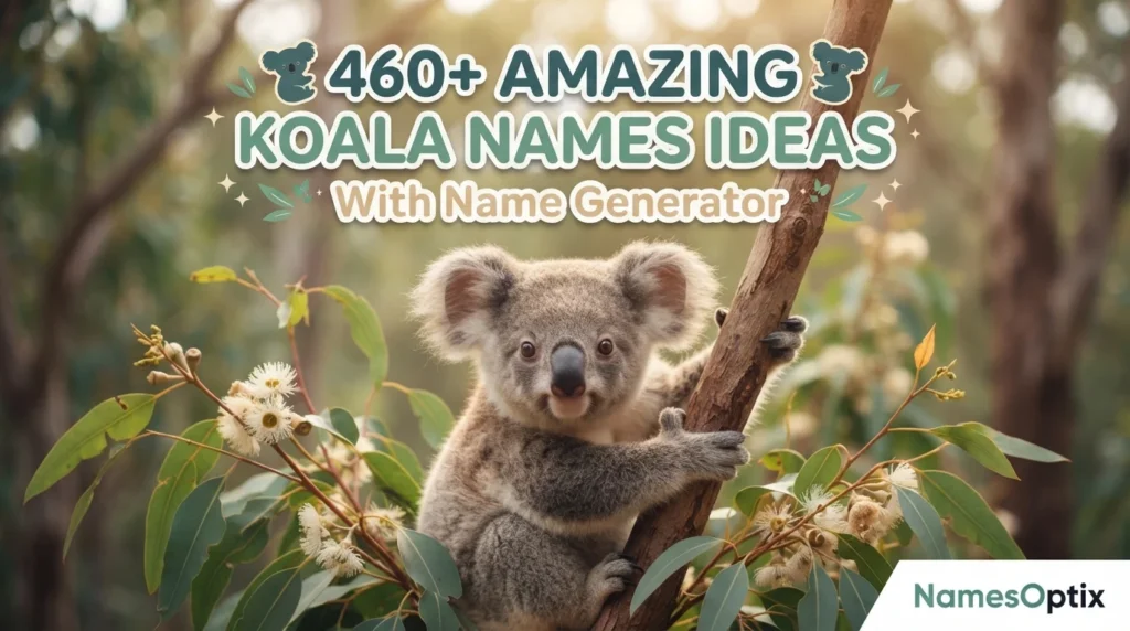 Title: 460+ Amazing Koala Names Ideas With Name Generator Create a high-quality blog featured image for the above article in a 16:9 aspect ratio. Design Instructions: Design the image theme, colors, background elements, and visual style according to the article’s topic and content. Make sure the featured image visually represents the main idea, mood, and subject of the article. Add a small 1-inch parallelogram directly attached to the bottom-right corner of the image, with no padding, margin, or spacing from the edges. The parallelogram must touch both the right and bottom edges exactly. Use RGB color (255, 255, 255) for the parallelogram, ensuring it blends cleanly and professionally with the overall design while maintaining a sharp, polished appearance. Use RGB colour (255, 255, 255) for the parallelogram. Position the parallelogram exactly at the corner so it blends neatly and professionally with the overall layout. Inside the parallelogram, add the website name “NamesOptix” in the theme color text. Keep the typography clean, modern, readable, and professionally aligned within the shape. Use high-quality visuals, balanced composition, and attractive styling suitable for a professional blog featured image. Ensure the final design is modern, eye-catching, and optimised for blog and social media sharing. 460+ Amazing Koala Names Ideas With Name Generator