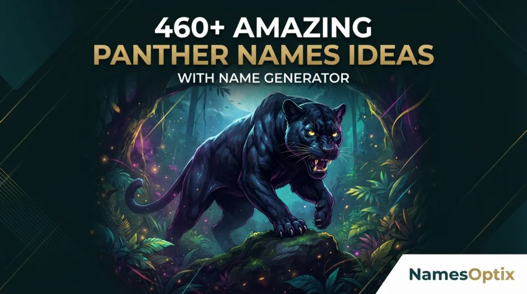 Title:460+ Amazing Panther Names Ideas With Name Generator Create a high-quality blog featured image for the above article in a 16:9 aspect ratio. Design Instructions: Design the image theme, colors, background elements, and visual style according to the article’s topic and content. Make sure the featured image visually represents the main idea, mood, and subject of the article. Add a small 1-inch parallelogram directly attached to the bottom-right corner of the image, with no padding, margin, or spacing from the edges. The parallelogram must touch both the right and bottom edges exactly. Use RGB color (255, 255, 255) for the parallelogram, ensuring it blends cleanly and professionally with the overall design while maintaining a sharp, polished appearance. Use RGB colour (255, 255, 255) for the parallelogram. Position the parallelogram exactly at the corner so it blends neatly and professionally with the overall layout. Inside the parallelogram, add the website name “NamesOptix” in the theme color text. Keep the typography clean, modern, readable, and professionally aligned within the shape. Use high-quality visuals, balanced composition, and attractive styling suitable for a professional blog featured image. Ensure the final design is modern, eye-catching, and optimised for blog and social media sharing. 460+ Amazing Panther Names Ideas With Name Generator