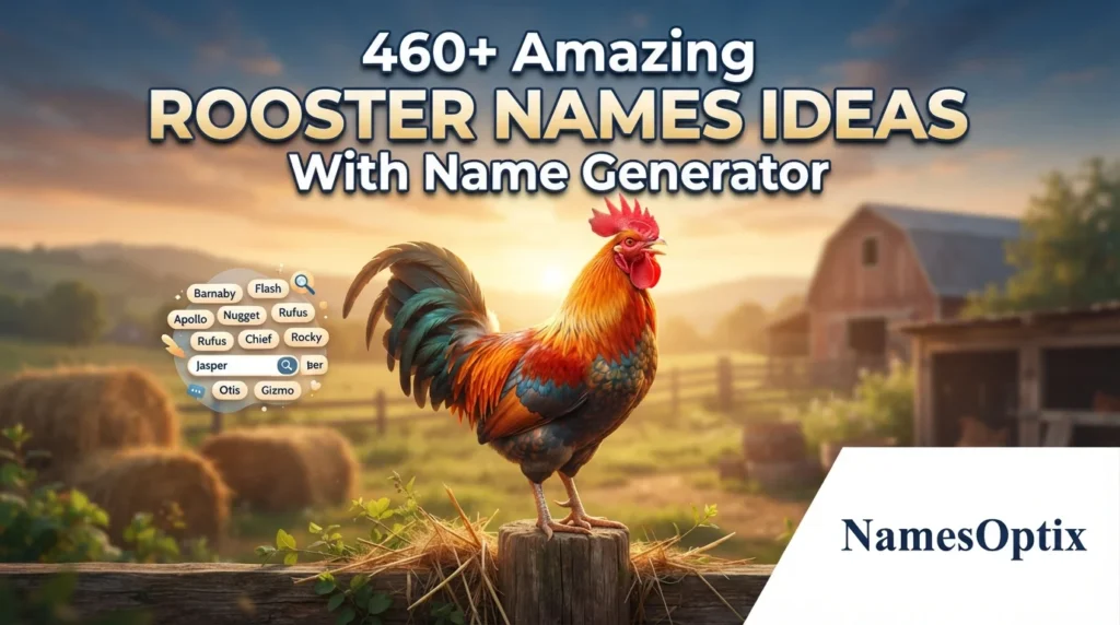 Title: 460+ Amazing Rooster Names Ideas With Name Generator Create a high-quality blog featured image for the above article in a 16:9 aspect ratio. Design Instructions: Design the image theme, colors, background elements, and visual style according to the article’s topic and content. Make sure the featured image visually represents the main idea, mood, and subject of the article. Add a small 1-inch parallelogram directly attached to the bottom-right corner of the image, with no padding, margin, or spacing from the edges. The parallelogram must touch both the right and bottom edges exactly. Use RGB color (255, 255, 255) for the parallelogram, ensuring it blends cleanly and professionally with the overall design while maintaining a sharp, polished appearance. Use RGB colour (255, 255, 255) for the parallelogram. Position the parallelogram exactly at the corner so it blends neatly and professionally with the overall layout. Inside the parallelogram, add the website name “NamesOptix” in the theme color text. Keep the typography clean, modern, readable, and professionally aligned within the shape. Use high-quality visuals, balanced composition, and attractive styling suitable for a professional blog featured image. Ensure the final design is modern, eye-catching, and optimised for blog and social media sharing. 460+ Amazing Rooster Names Ideas With Name Generator