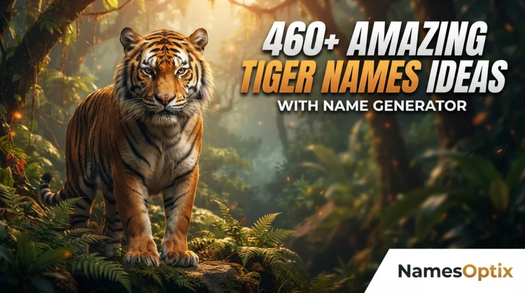 Title: 460+ Amazing Tiger Names Ideas With Name Generator Create a high-quality blog featured image for the above article in a 16:9 aspect ratio. Design Instructions: Design the image theme, colors, background elements, and visual style according to the article’s topic and content. Make sure the featured image visually represents the main idea, mood, and subject of the article. Add a small 1-inch parallelogram directly attached to the bottom-right corner of the image, with no padding, margin, or spacing from the edges. The parallelogram must touch both the right and bottom edges exactly. Use RGB color (255, 255, 255) for the parallelogram, ensuring it blends cleanly and professionally with the overall design while maintaining a sharp, polished appearance. Use RGB colour (255, 255, 255) for the parallelogram. Position the parallelogram exactly at the corner so it blends neatly and professionally with the overall layout. Inside the parallelogram, add the website name “NamesOptix” in the theme color text. Keep the typography clean, modern, readable, and professionally aligned within the shape. Use high-quality visuals, balanced composition, and attractive styling suitable for a professional blog featured image. Ensure the final design is modern, eye-catching, and optimised for blog and social media sharing. 460+ Amazing Tiger Names Ideas With Name Generator